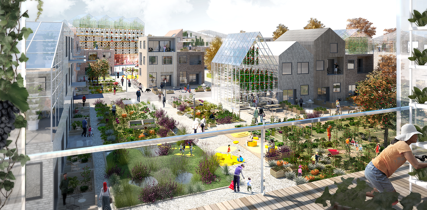 Visualisering av urbant odlingsgrannskap i den planerade stadsdelen Sätra i utkanten av Västerås. Källa: sweco.se Visualisering av urbant odlingsgrannskap i den planerade stadsdelen Sätra i utkanten av Västerås. Källa: sweco.se